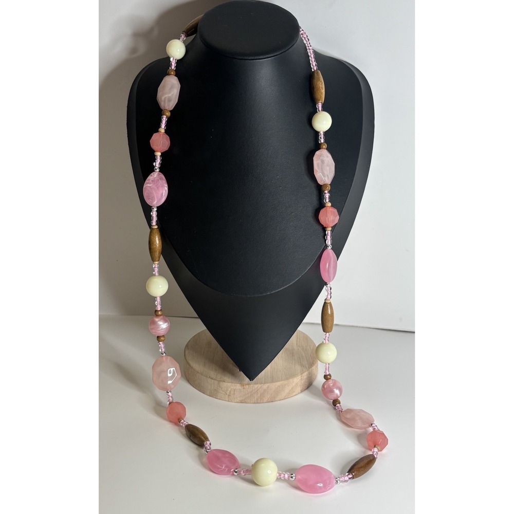 Vintage Y2K Pink Acrylic Wood Bead Necklace 36" Long Boho Statement